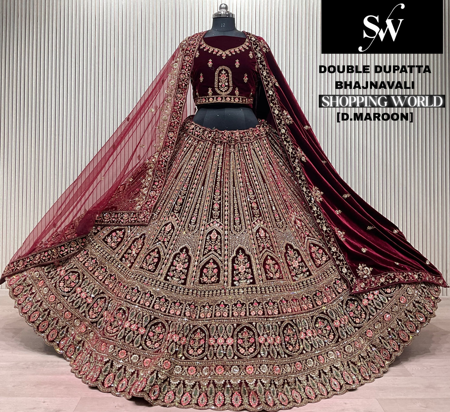 Light Maroon Double Dupatta Bridal Lehenga - Shopping World