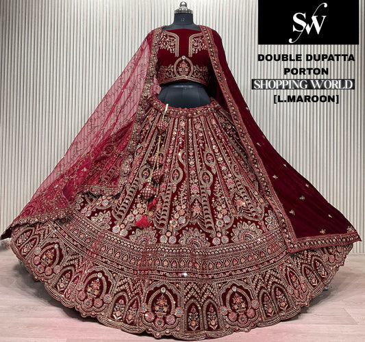 Dark Maroon Double Dupatta Bridal Lehenga