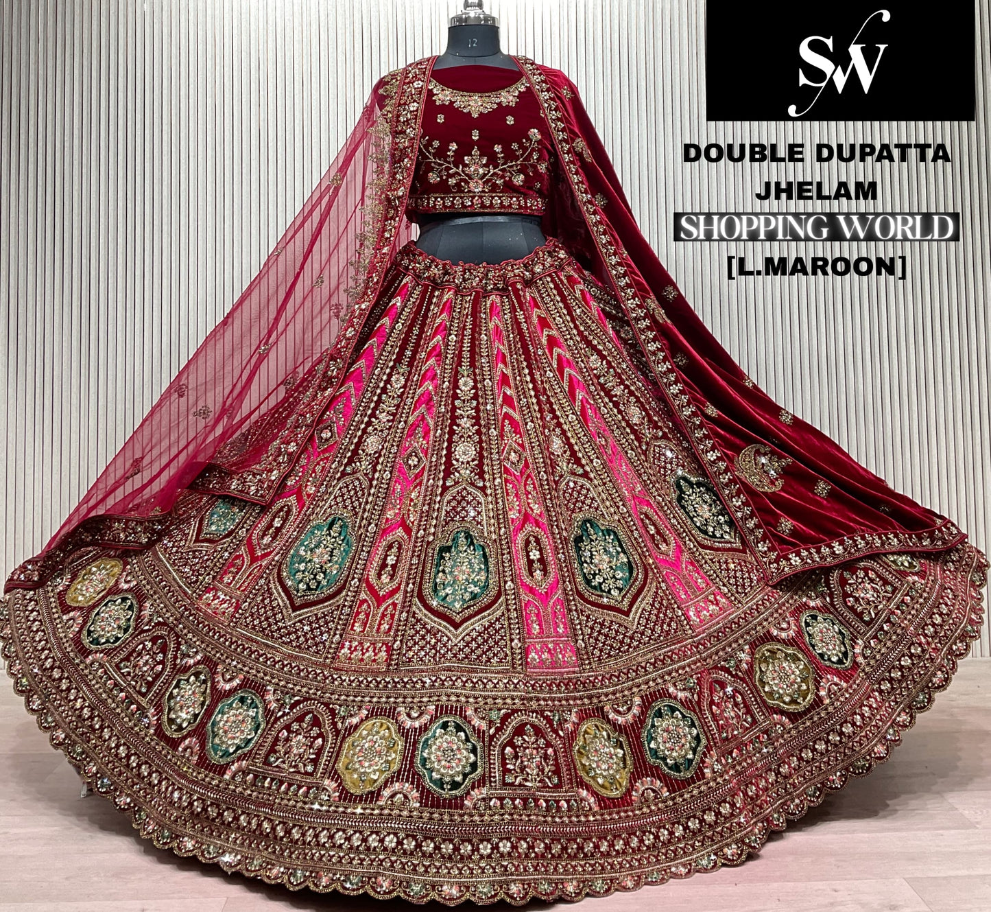 Light Maroon Double Dupatta Bridal Lehenga - Shopping World