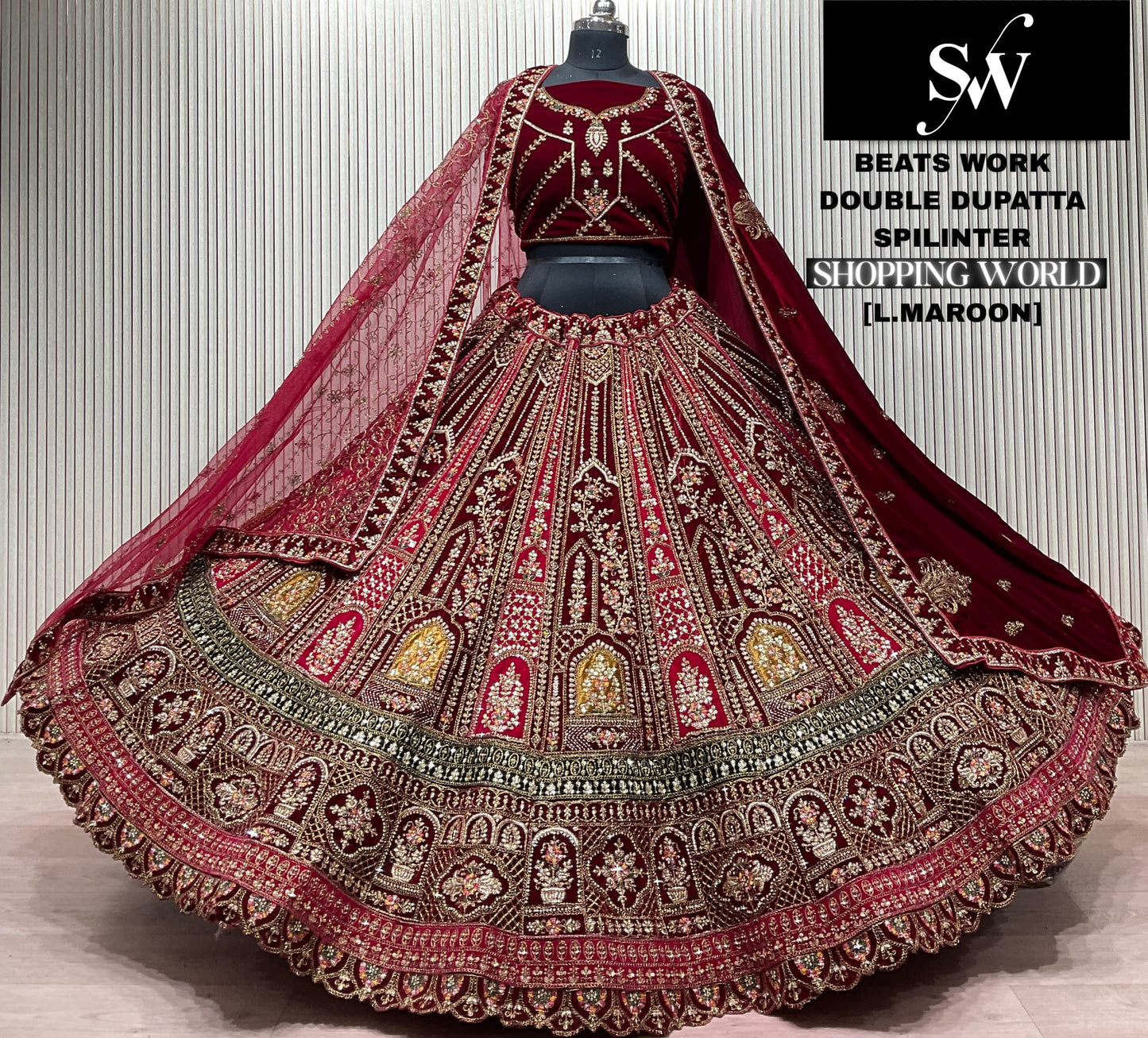 Light Maroon Double Dupatta Bridal Lehenga - Shopping World