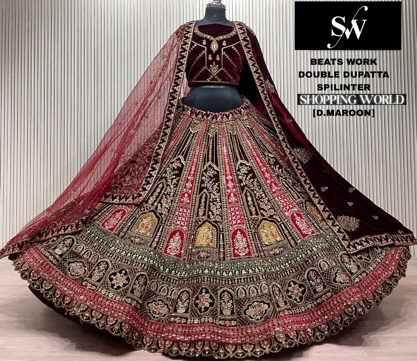 Light Maroon Double Dupatta Bridal Lehenga - Shopping World