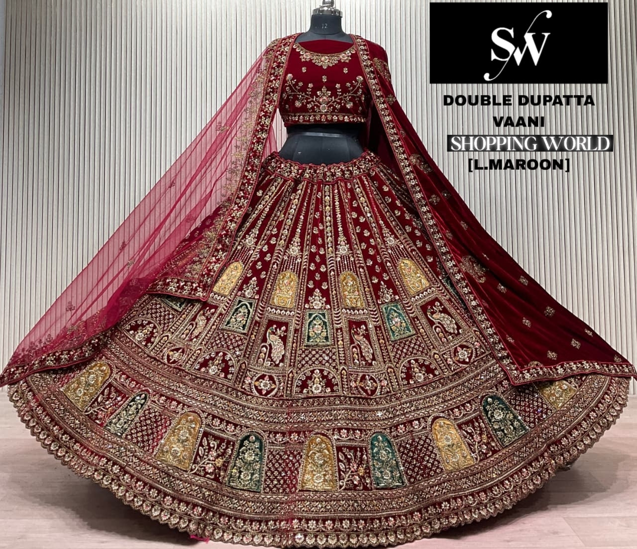 Light Maroon Peacock Double Dupatta Bridal Lehenga - Shopping World
