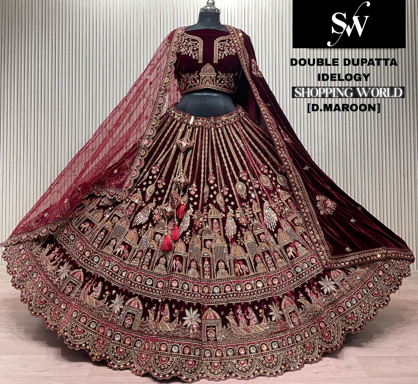 Dark Maroon Peacock Double Dupatta Bridal Lehenga - Shopping World