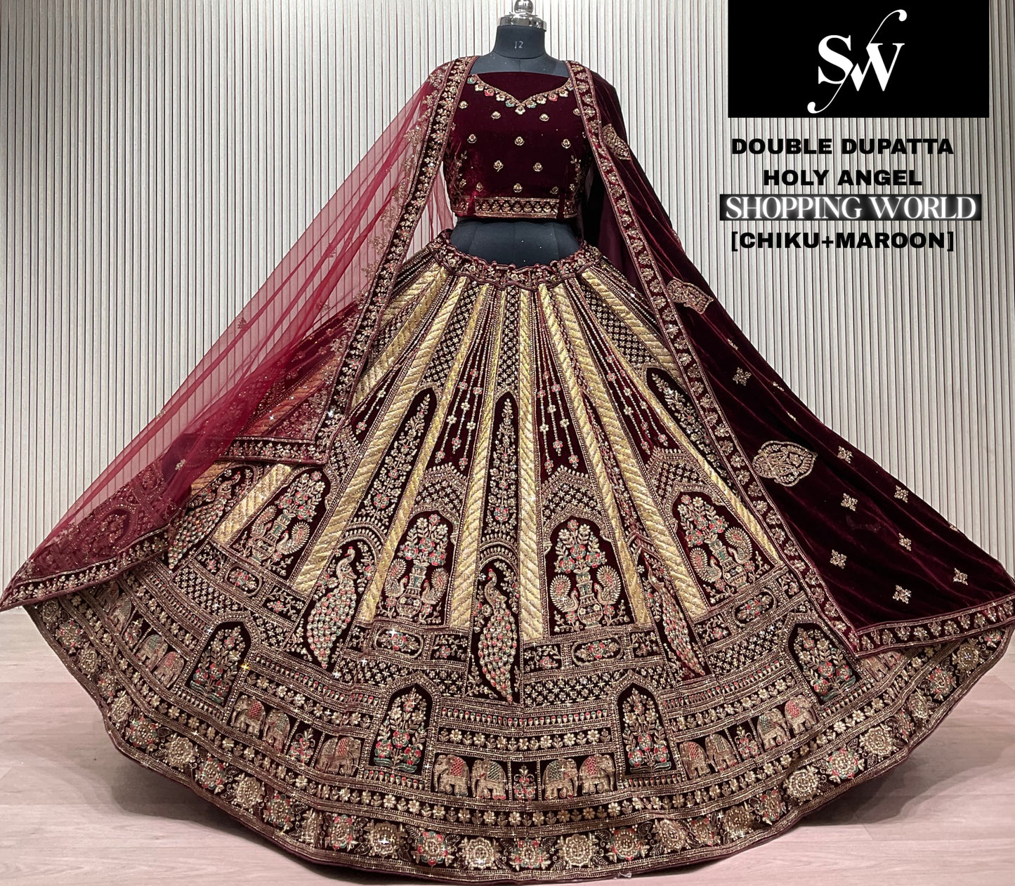 Chiku Maroon Peacock Double Dupatta Bridal Lehenga - Shopping World