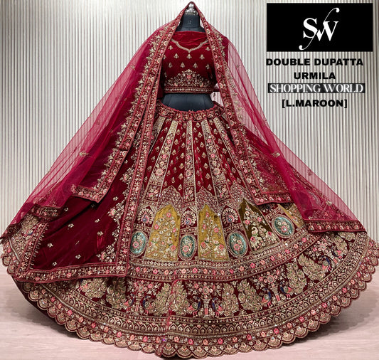 Light Maroon Double Dupatta Bridal Lehenga - Shopping World