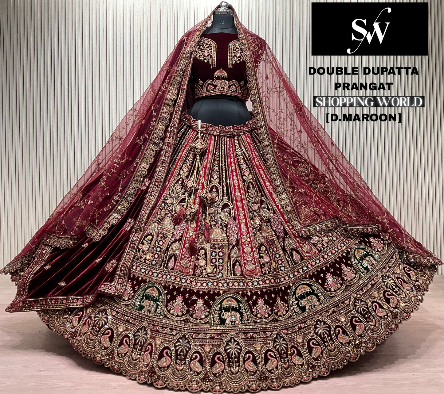 Light Maroon Double Dupatta Bridal Lehenga - Shopping World