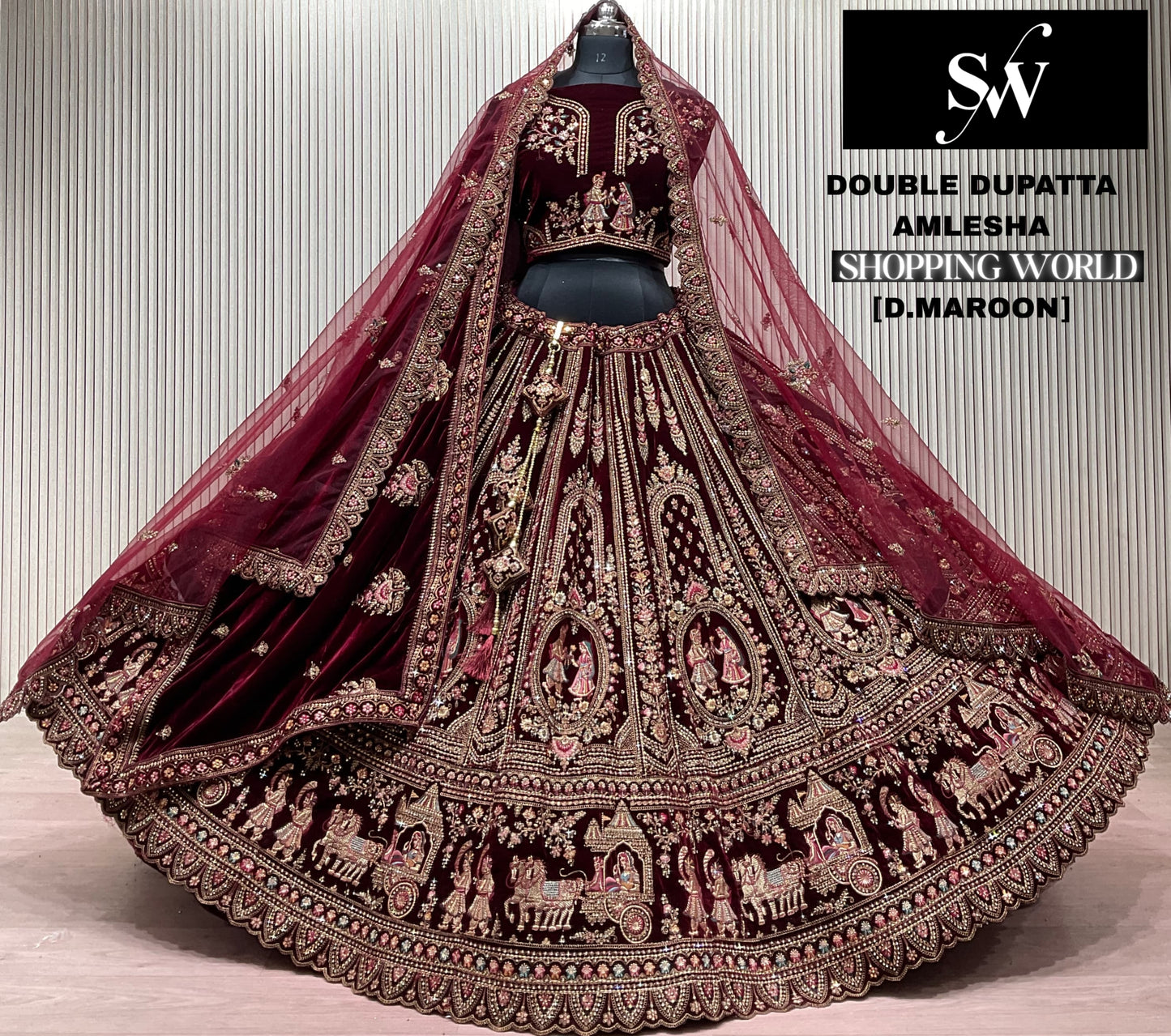 Dark Maroon Doli Barat Double Dupatta Bridal Lehenga - Shopping World