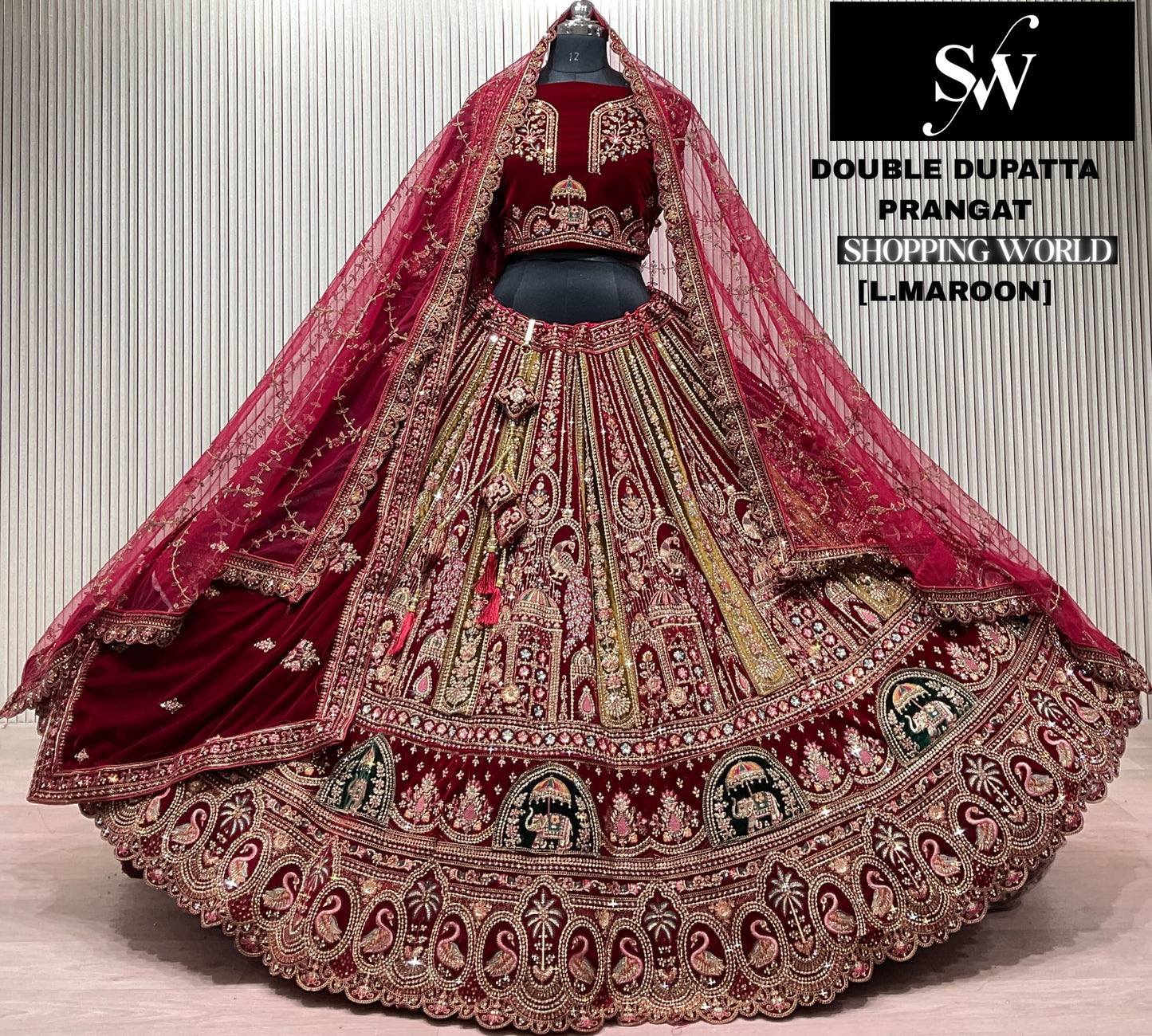 Light Maroon Double Dupatta Bridal Lehenga - Shopping World