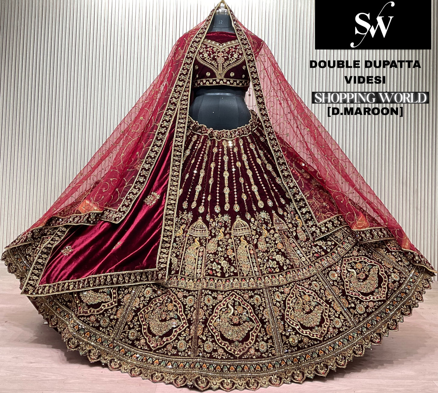Dark maroon Double Dupatta Bridal Lehenga - Shopping World