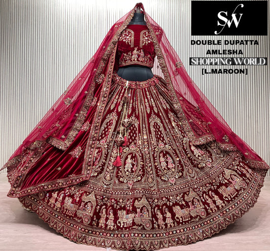 Dark Maroon Doli Barat Double Dupatta Bridal Lehenga