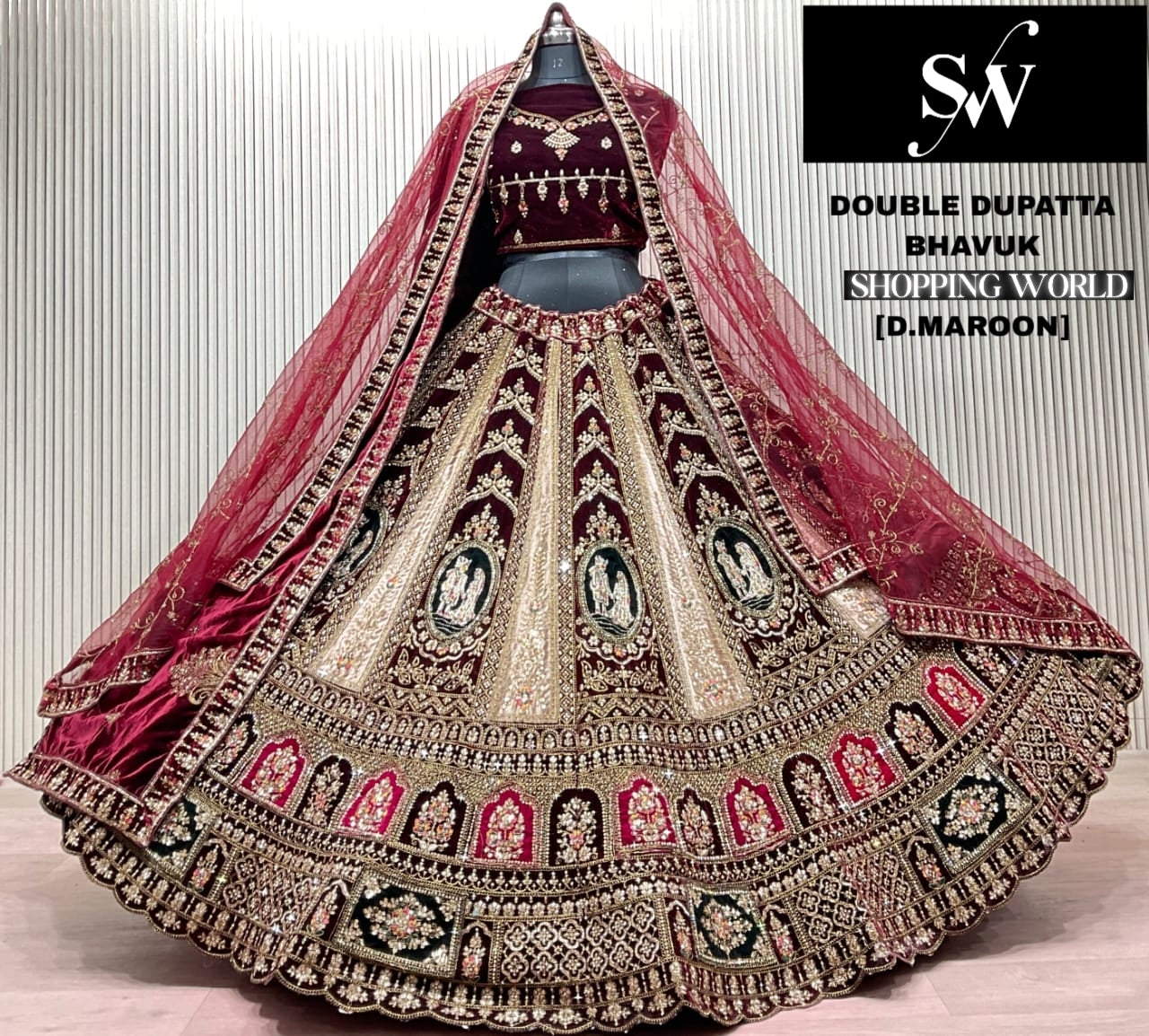 Light Maroon Double Dupatta Bridal Lehenga - Shopping World