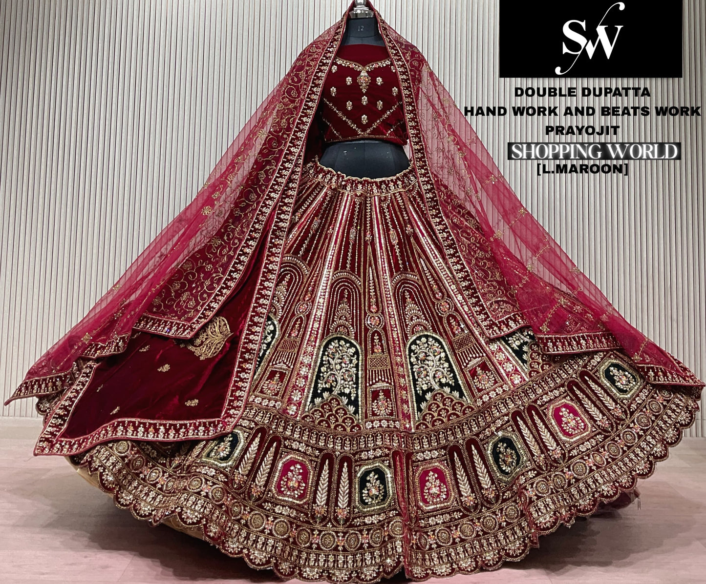 Light Maroon Double Dupatta Bridal Lehenga - Shopping World