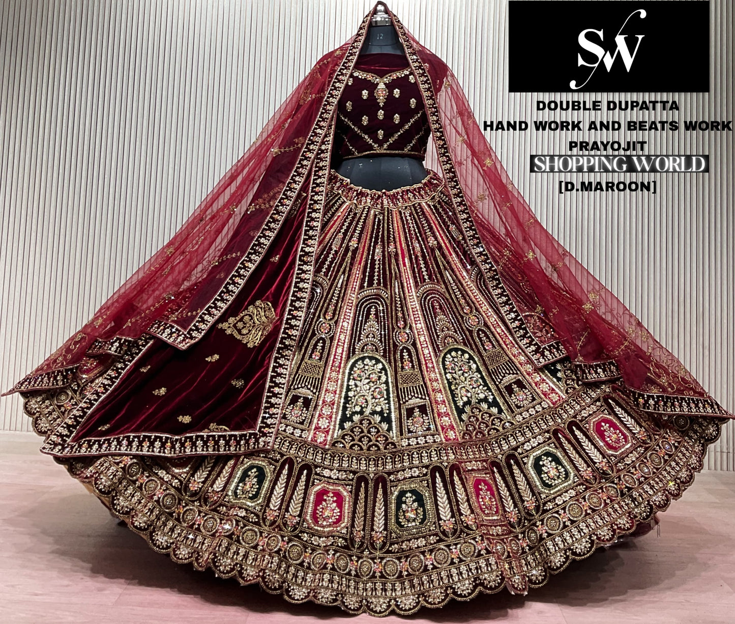 Light Maroon Double Dupatta Bridal Lehenga - Shopping World