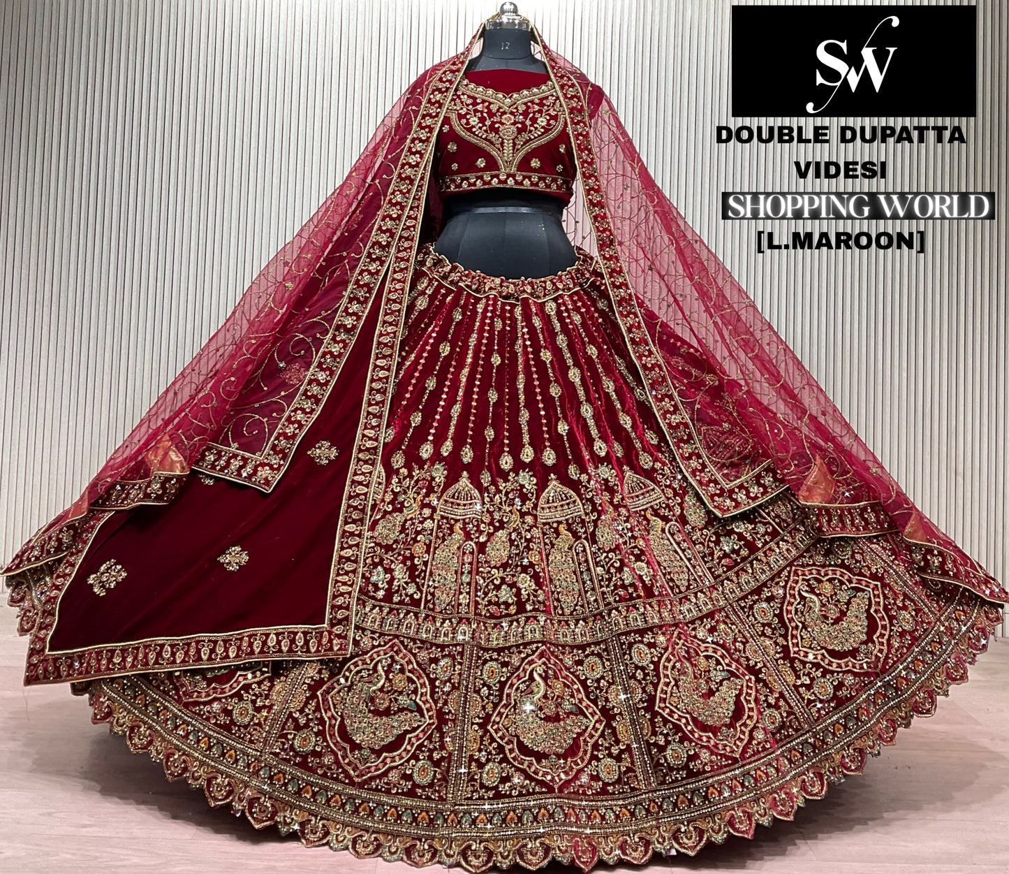 Dark maroon Double Dupatta Bridal Lehenga - Shopping World