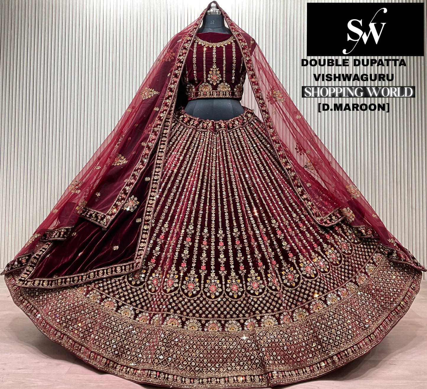Dark Maroon Double Dupatta Bridal Lehenga - Shopping World