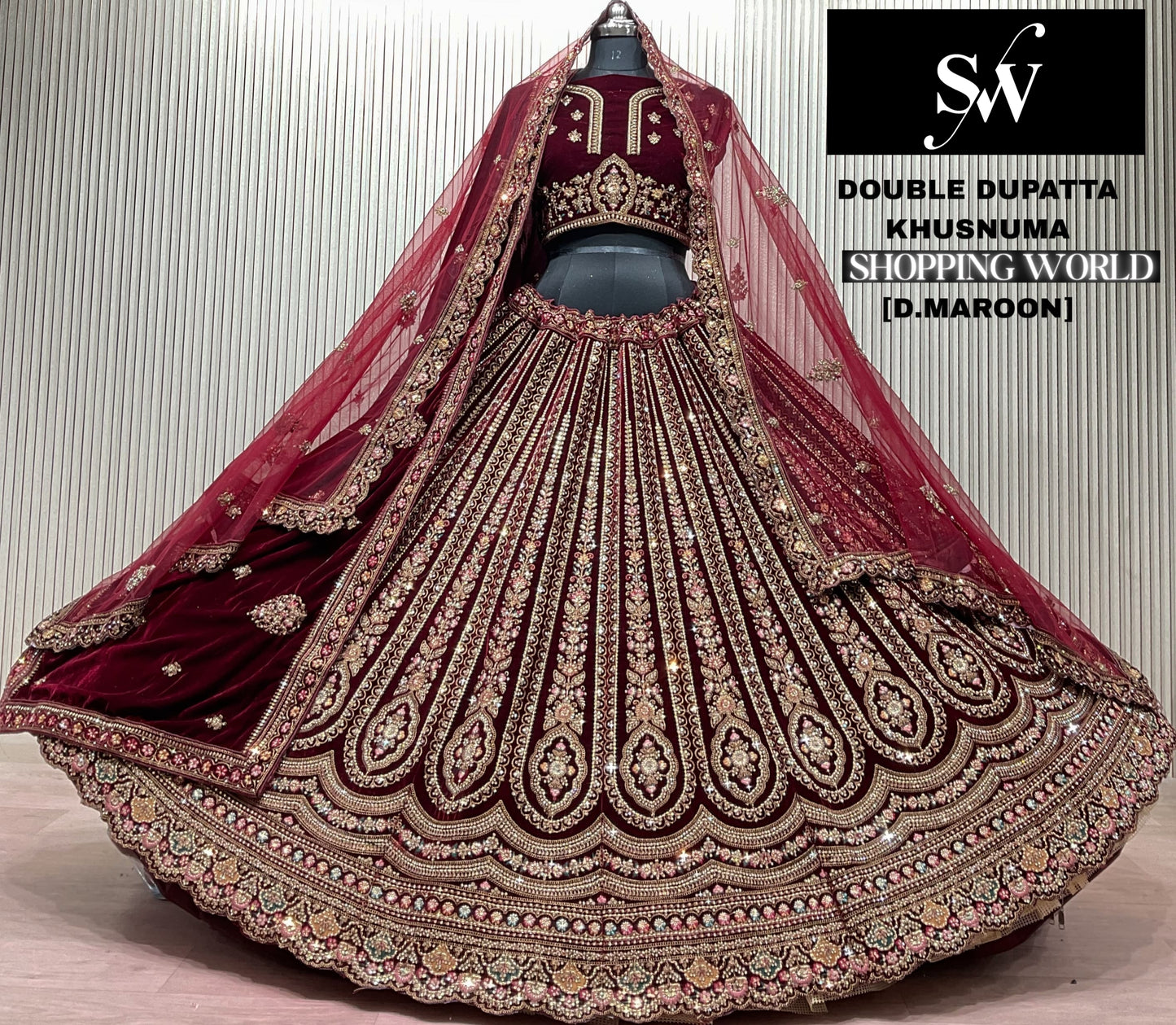 Dark Maroon Double Dupatta Bridal Lehenga - Shopping World