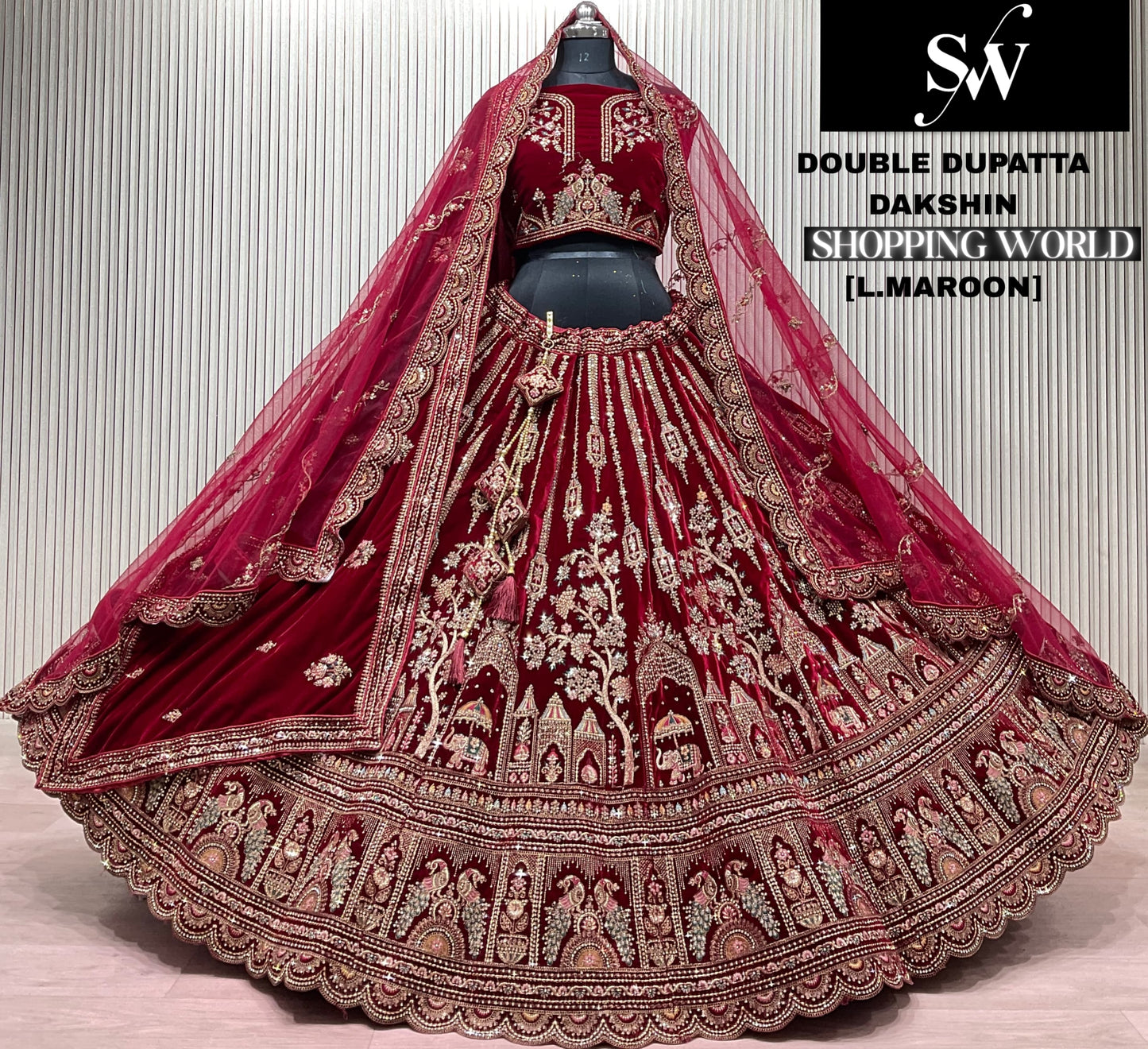 Light maroon Double Dupatta Bridal Lehenga - Shopping World
