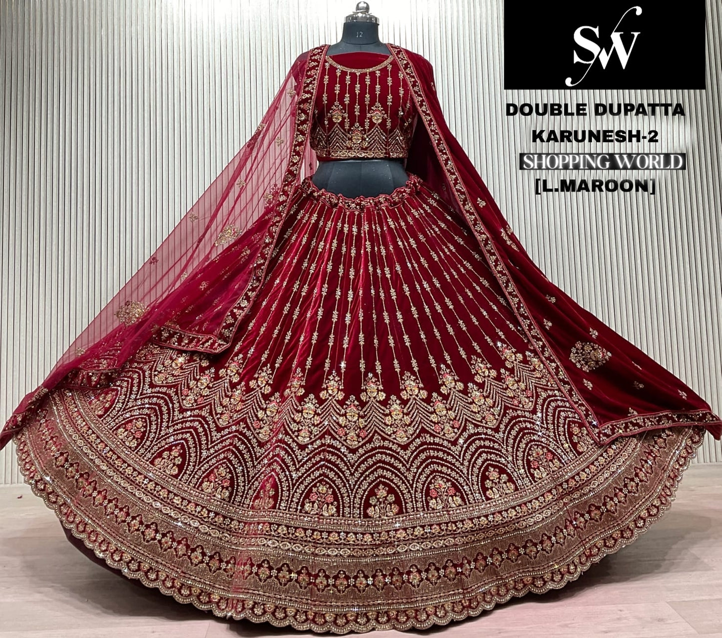 Light Maroon Double Dupatta Bridal Lehenga - Shopping World