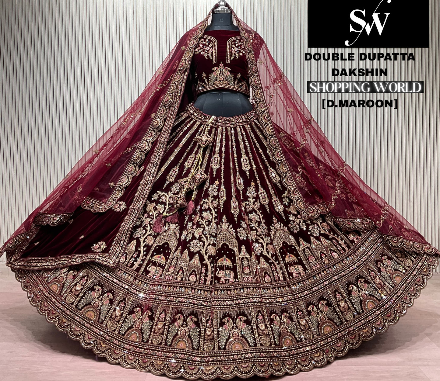 Light maroon Double Dupatta Bridal Lehenga - Shopping World