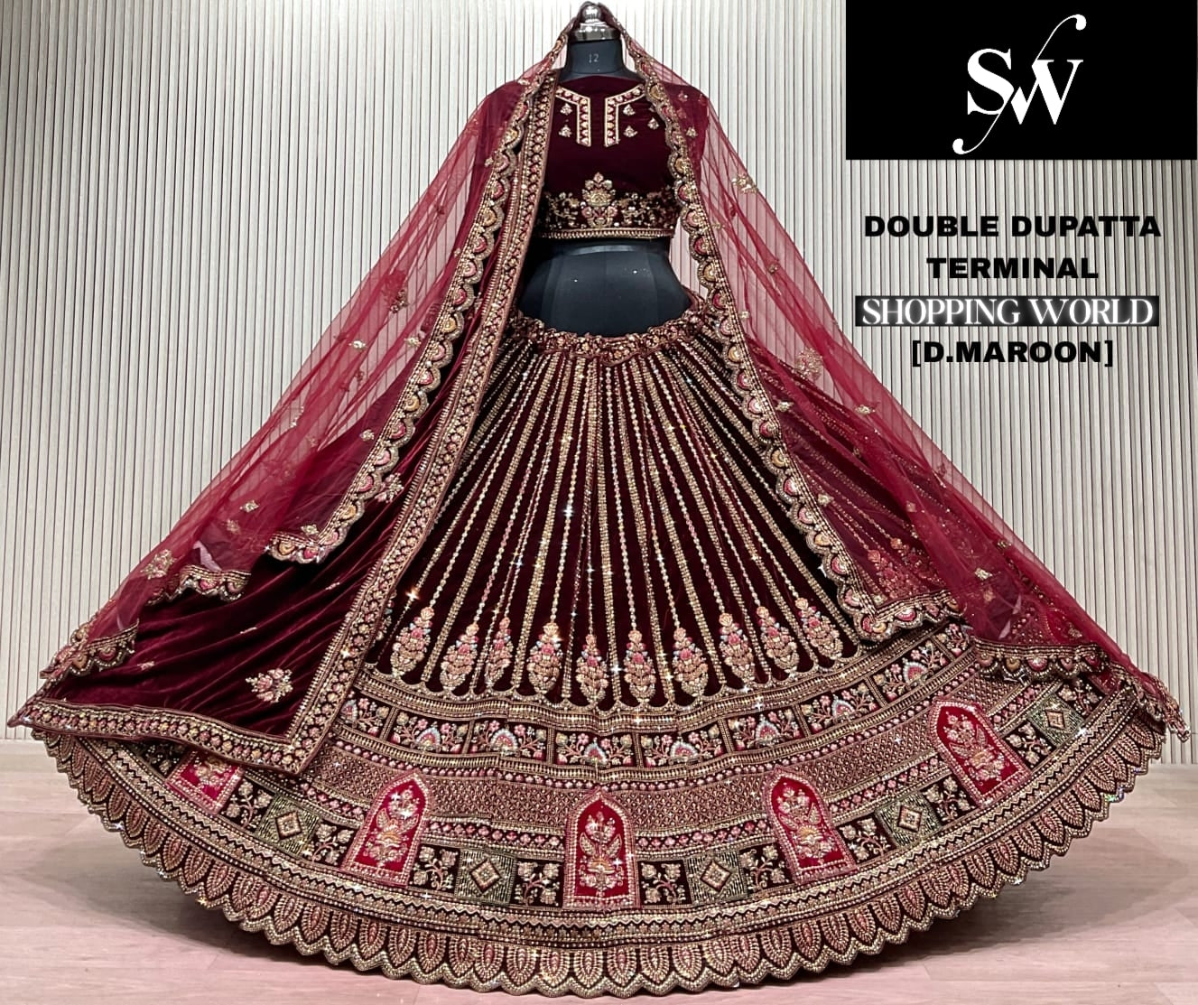 Dark maroon Double Dupatta Bridal Lehenga - Shopping World