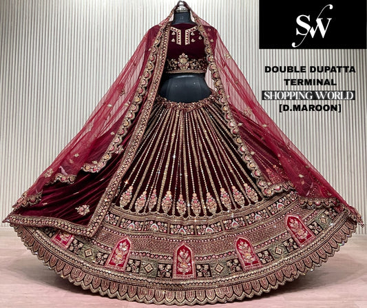 Dark maroon Double Dupatta Bridal Lehenga - Shopping World