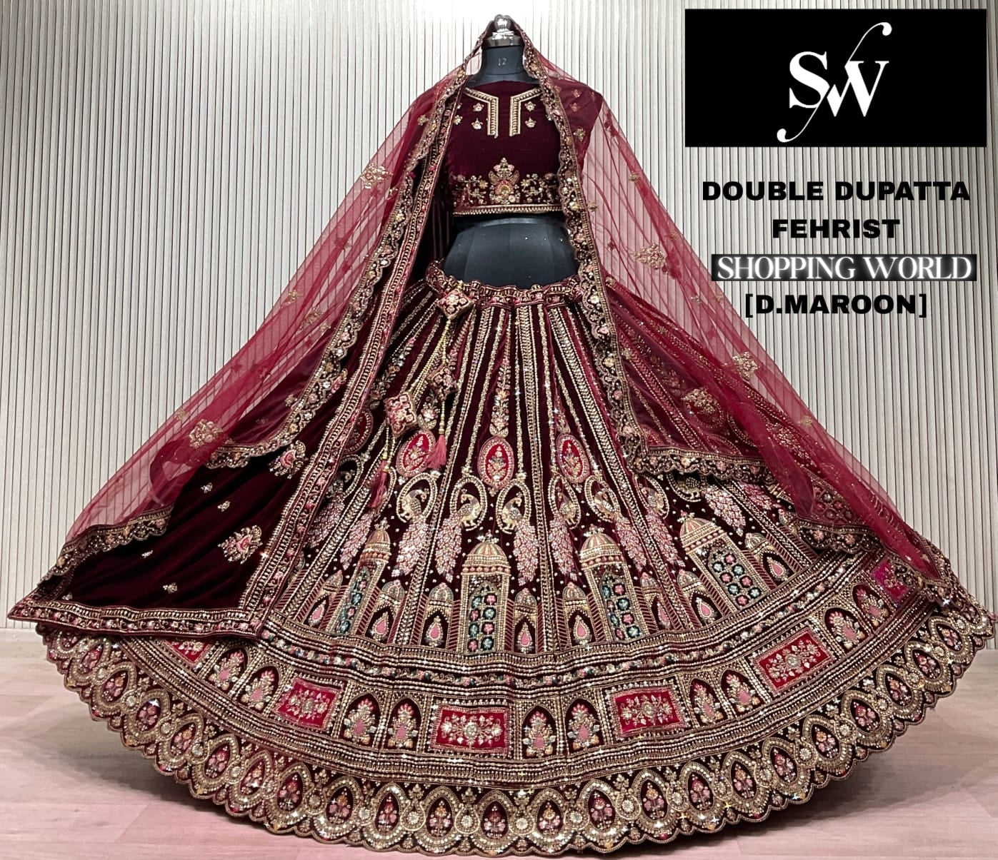 Dark maroon Double Dupatta Peacock Bridal Lehenga - Shopping World