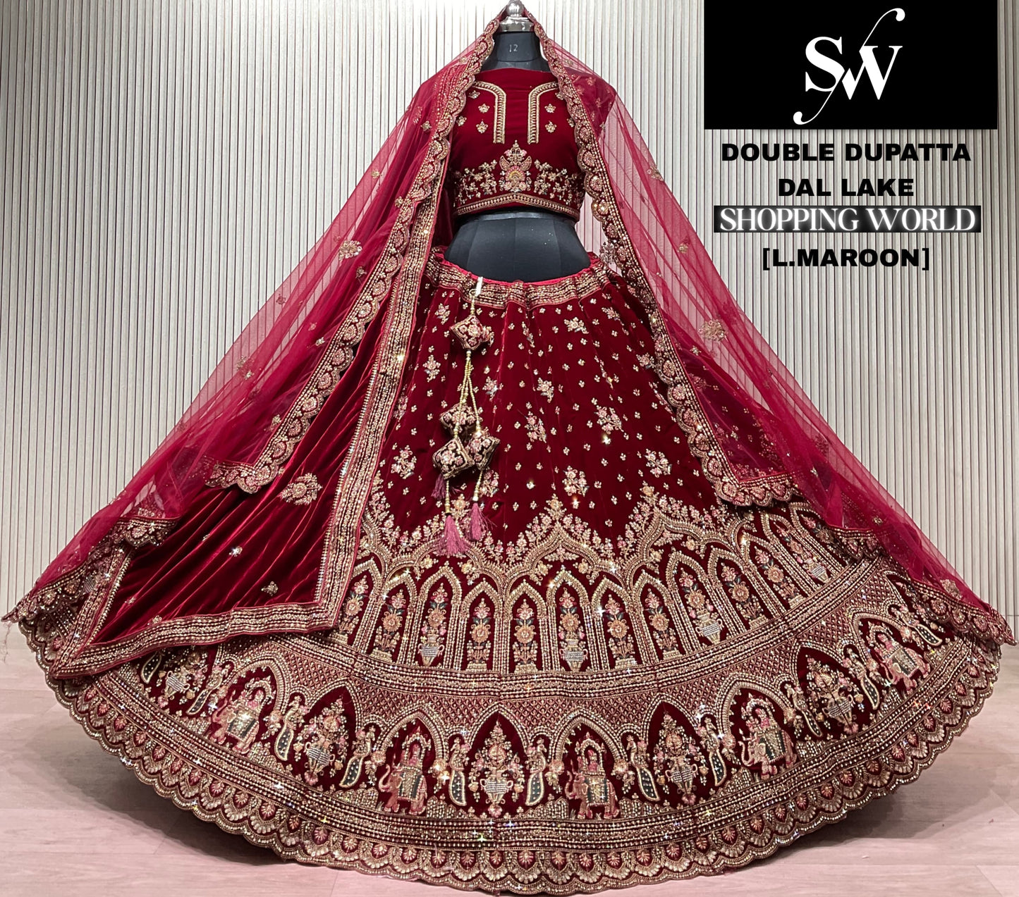 Light Maroon Double Dupatta Bridal Lehenga - Shopping World