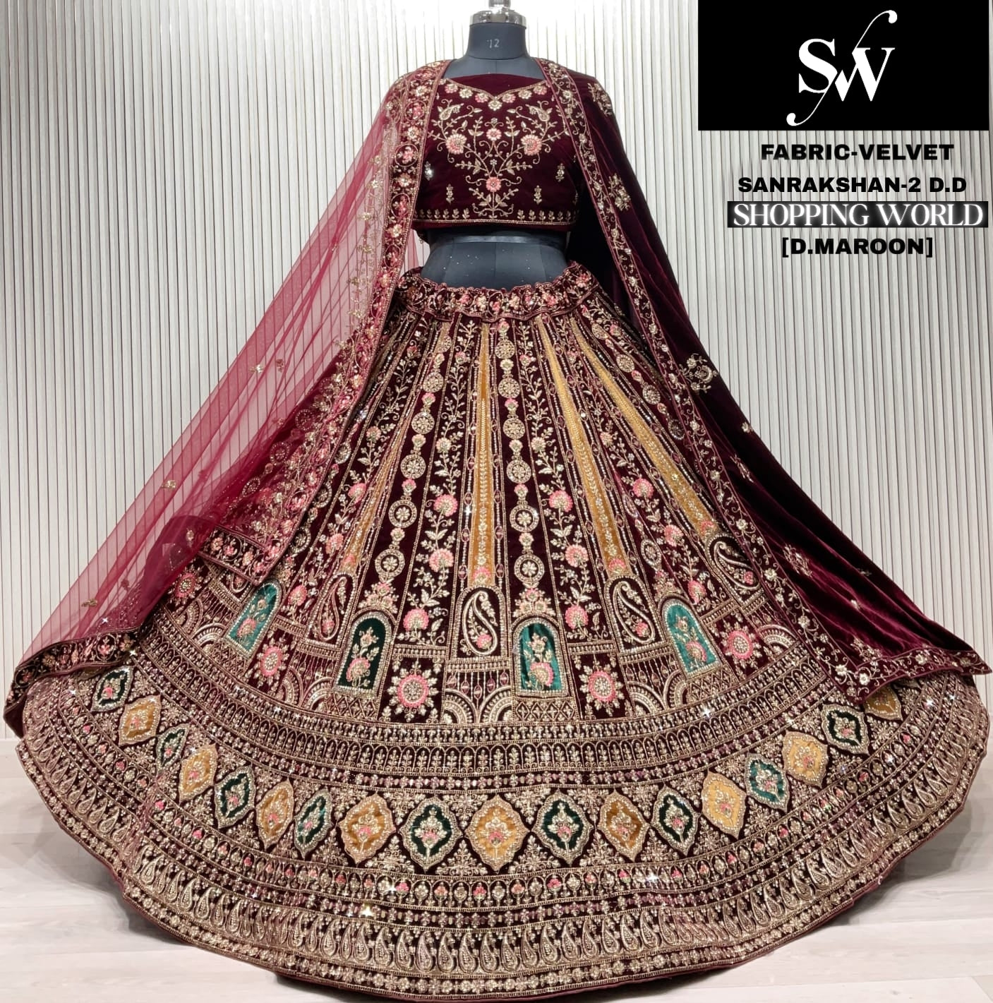 Dark Maroon Velvet Bridal Lehenga - Shopping World
