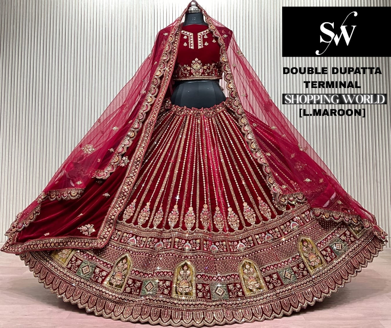 Dark maroon Double Dupatta Bridal Lehenga - Shopping World