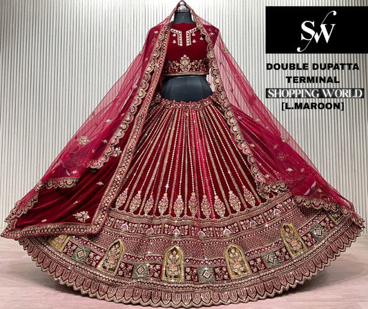 Dark maroon Double Dupatta Bridal Lehenga
