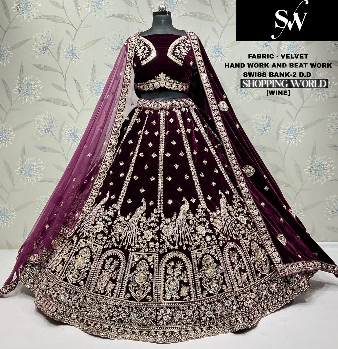 Maroon Peacock Velvet Bridal Lehenga