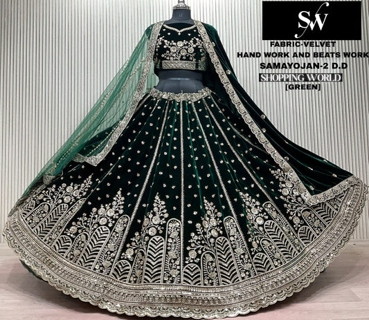 Mehendi Green Velvet Bridal Lehenga