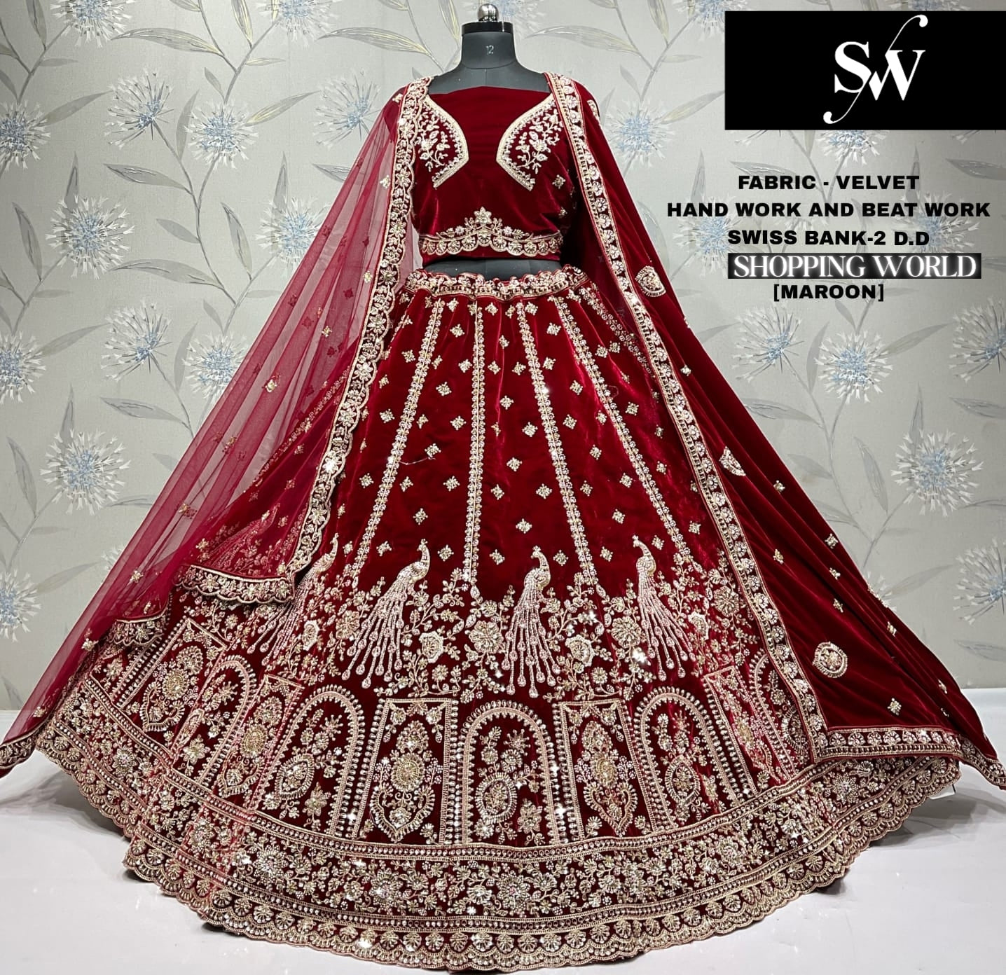 Dark Maroon Peacock Velvet Bridal Lehenga