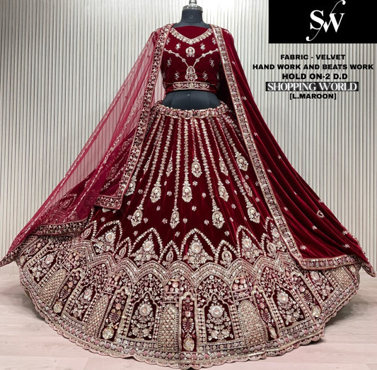 Dark Maroon Velvet Bridal Lehenga