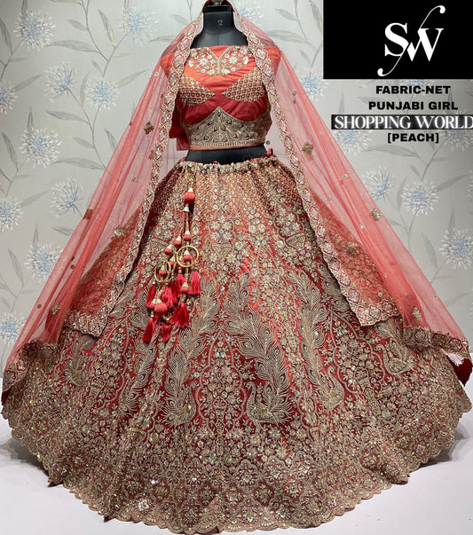 Peach Orange Net Lehenga - Shopping World