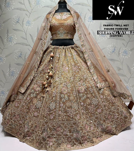 Coffee Brown Twill Net Lehenga - Shopping World