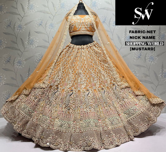 Mustard Peacock Net Lehenga - Shopping World