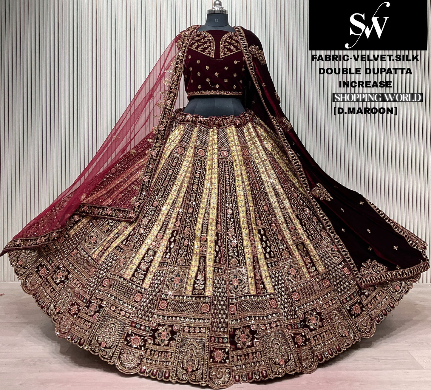 Light Maroon Velvet Silk Double Dupatta Bridal Lehenga