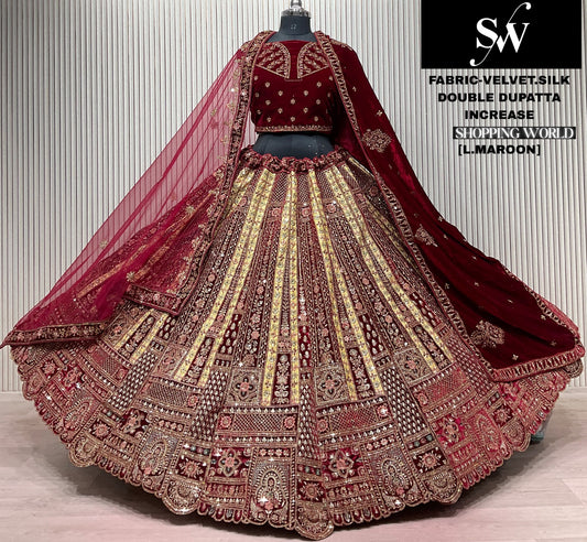 Dark Maroon Velvet Silk Double Dupatta Bridal Lehenga