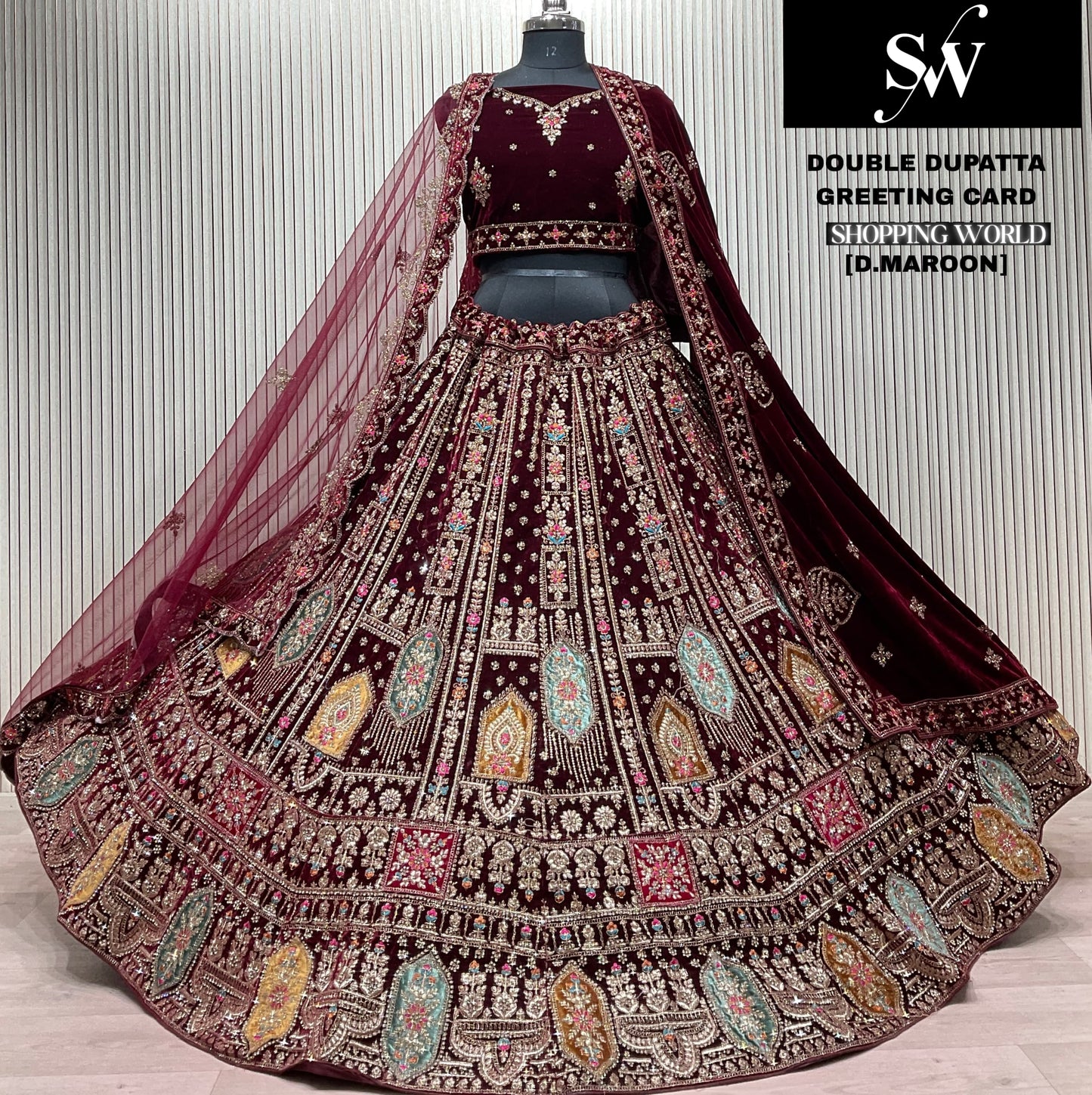 Dark Maroon Double Dupatta Bridal Lehenga