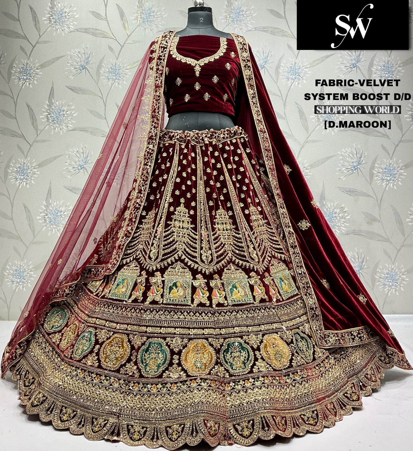 Dark Maroon Doli Barat Velvet Bridal Lehenga