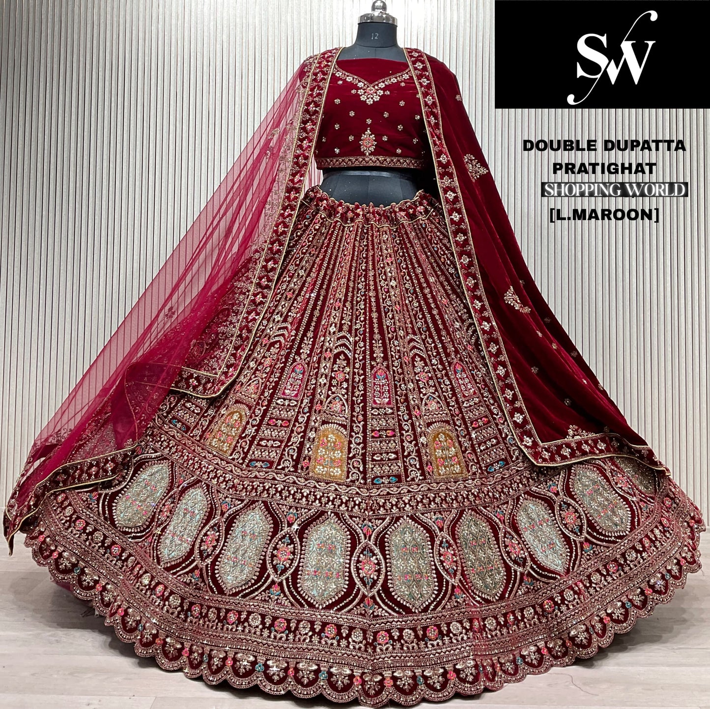 Light Maroon Double Dupatta Bridal Lehenga