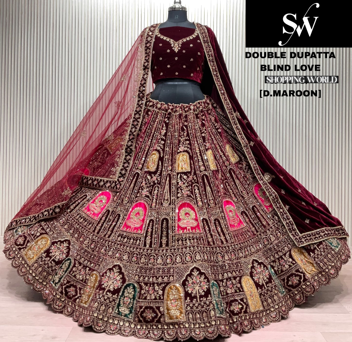 Dark Maroon Double Dupatta Bridal Lehenga