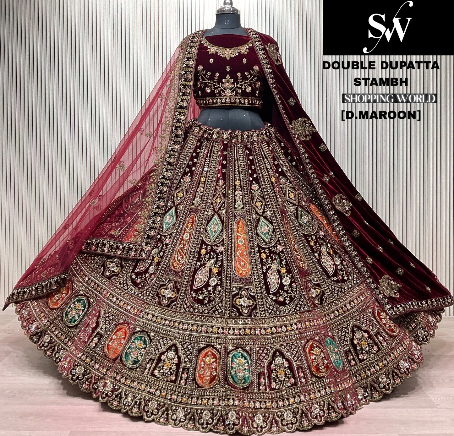 Dark Maroon Double Dupatta Bridal Lehenga