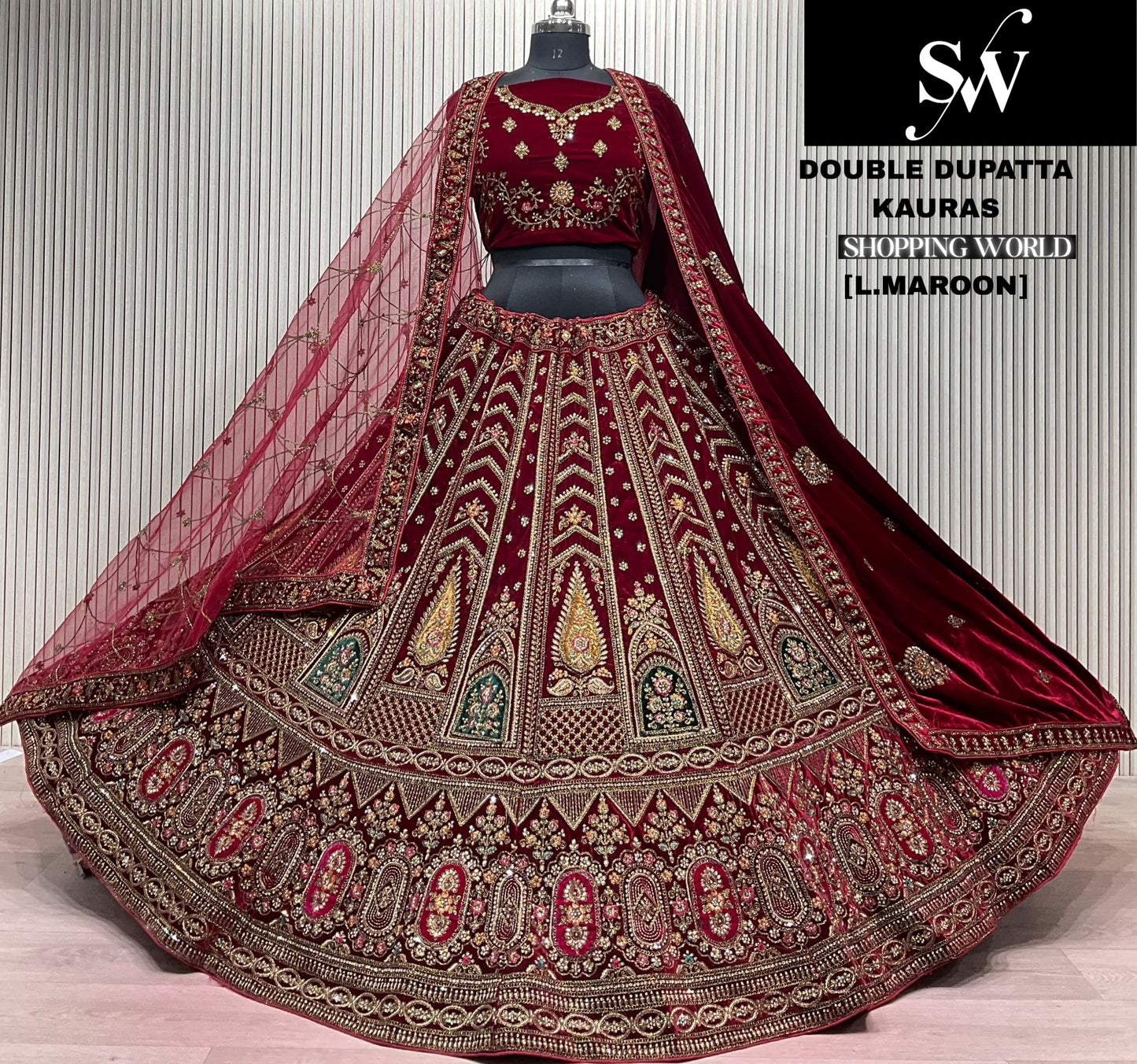 Dark Maroon Double Dupatta Bridal Lehenga