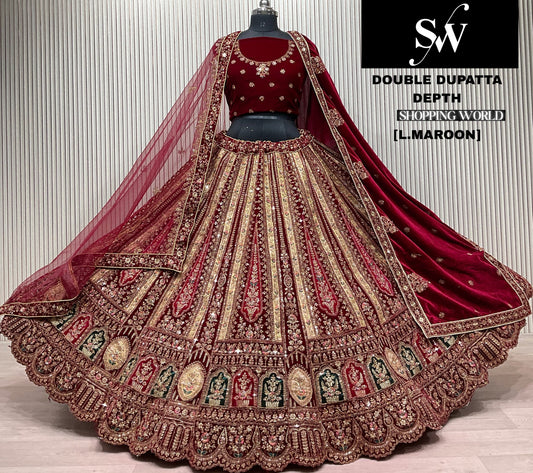 Dark Maroon Double Dupatta Bridal Lehenga