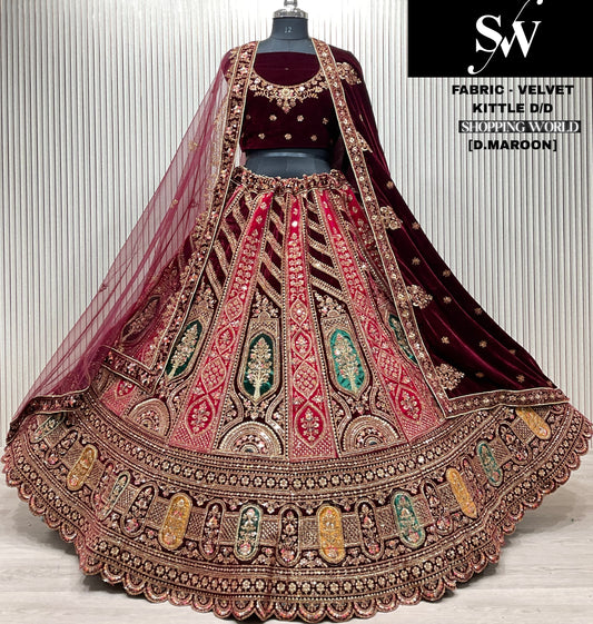Light Maroon Velvet Bridal Lehenga