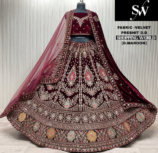 Light Maroon Velvet Bridal Lehenga