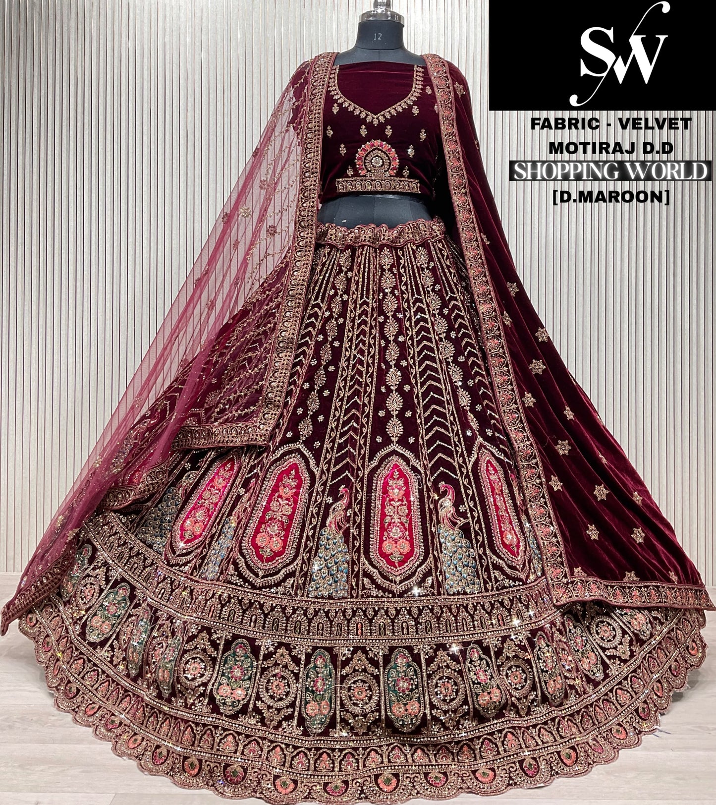 Dark Maroon Peacock Velvet Bridal Lehenga