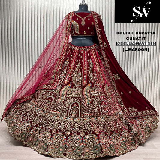 Dark Maroon Double Dupatta Peacock Bridal Lehenga